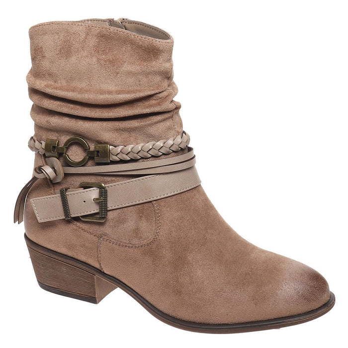 "May" Faux Suede Braids and Buckles Slouchy Bootie (Taupe)-Lola Monroe Boutique