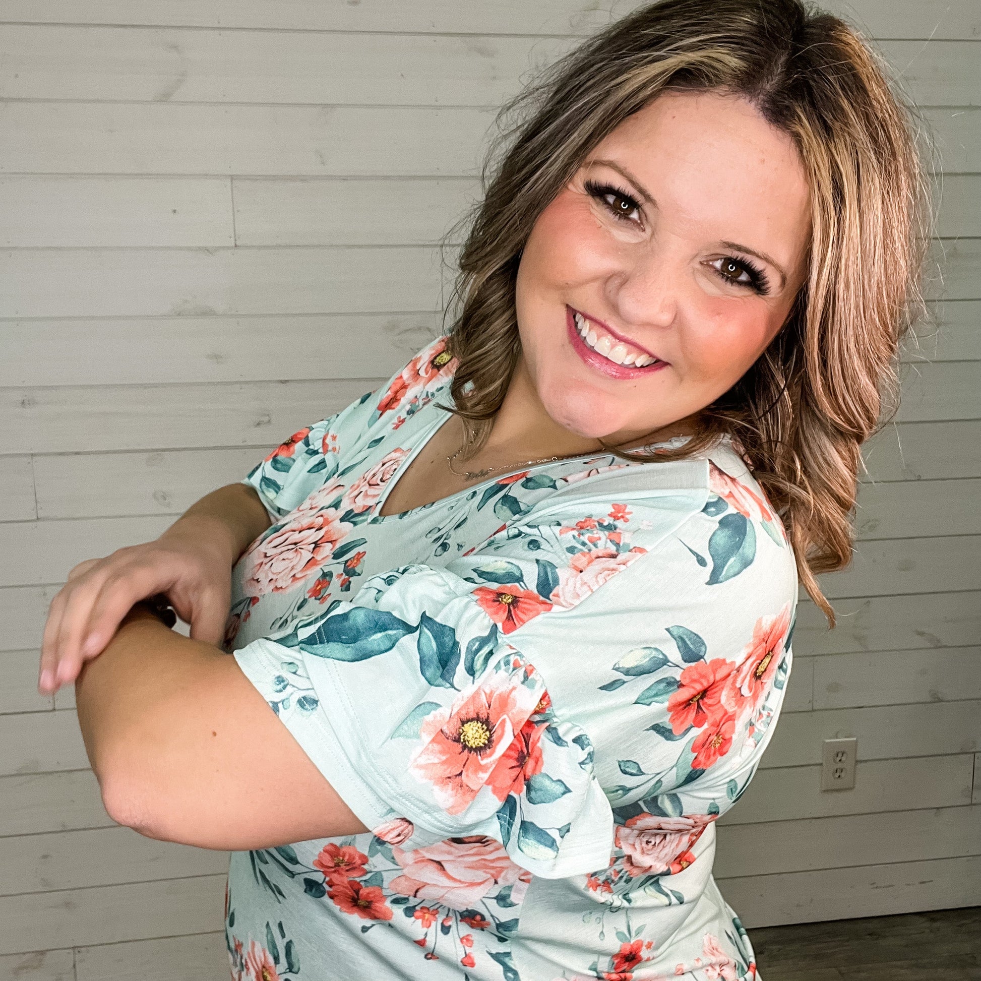 "Meant To Be" Floral Ruffle Short Sleeve V Neck