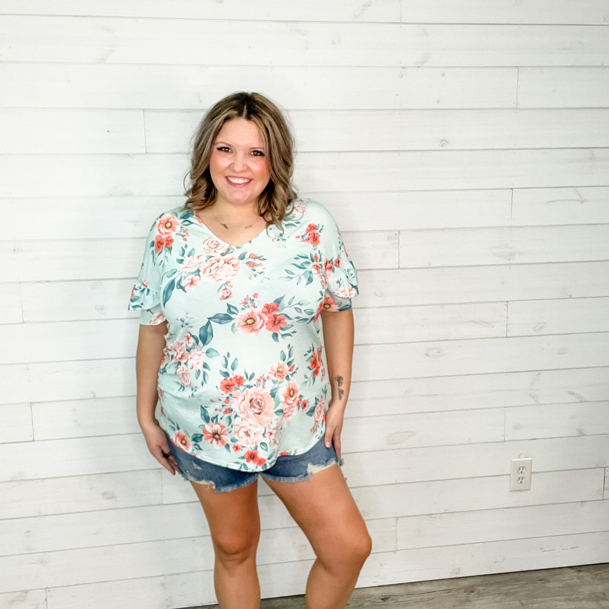 "Meant To Be" Floral Ruffle Short Sleeve V Neck