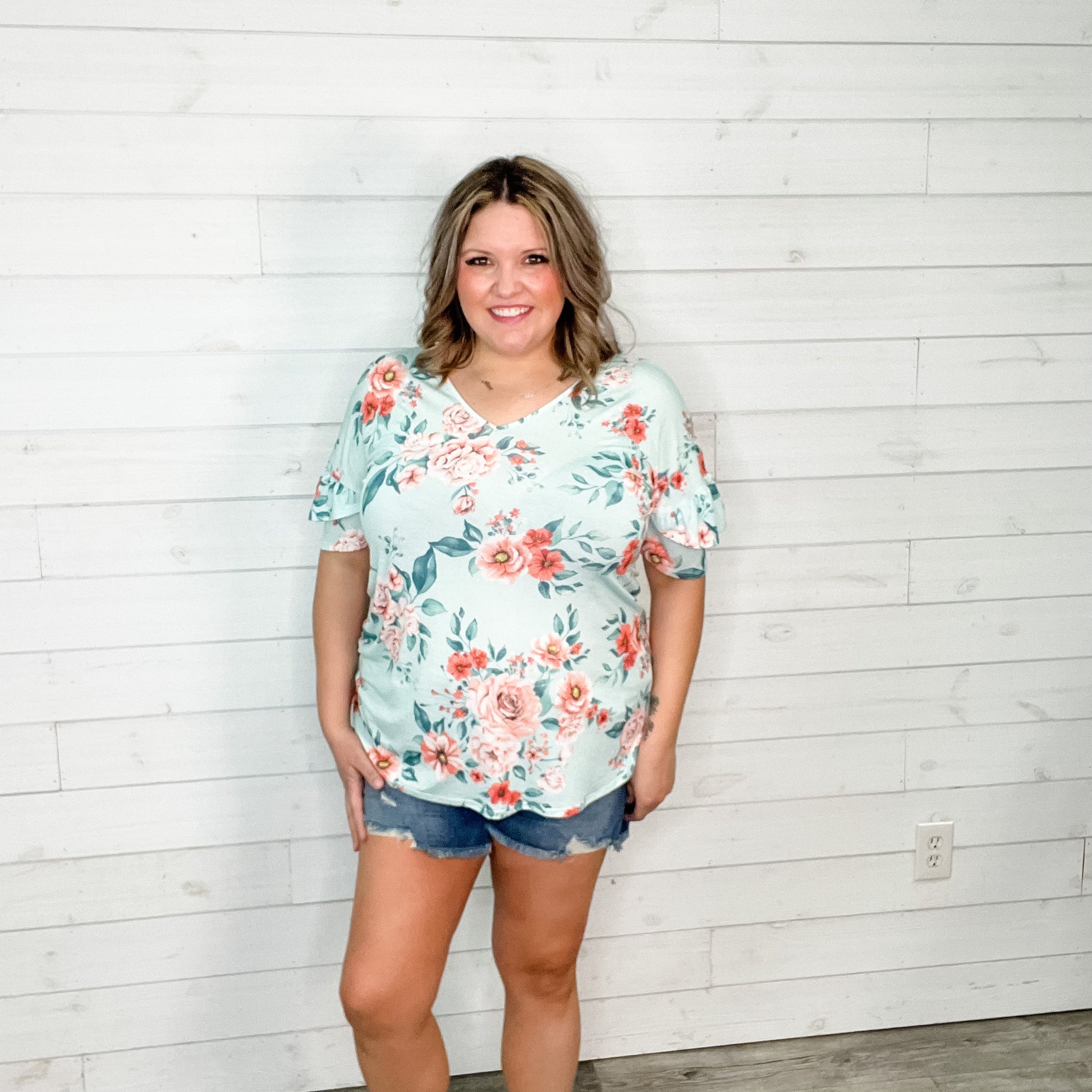 "Meant To Be" Floral Ruffle Short Sleeve V Neck