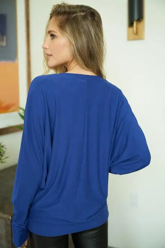 "Melody" Oversized Dolman Sleeve Top with Collar Cut Out Design (Blue)