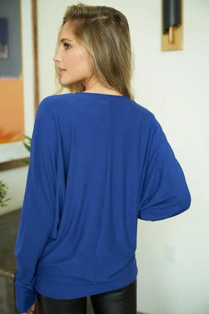 "Melody" Oversized Dolman Sleeve Top with Collar Cut Out Design (Blue)