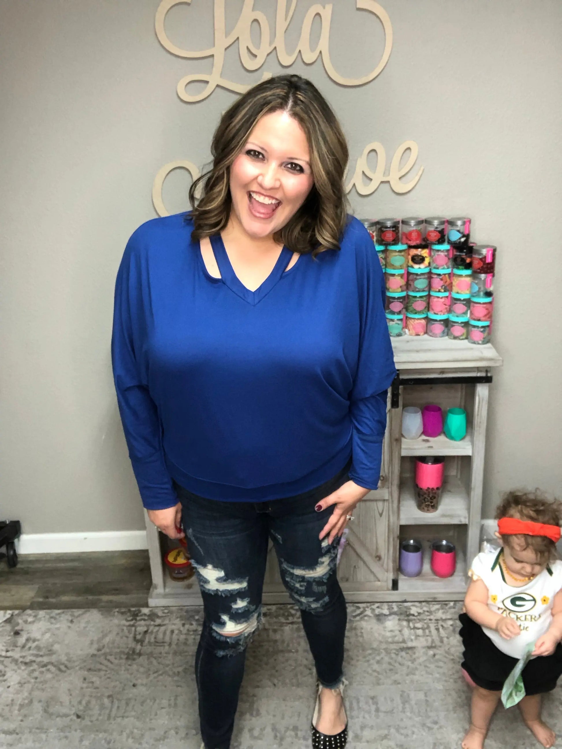 "Melody" Oversized Dolman Sleeve Top with Collar Cut Out Design (Blue)