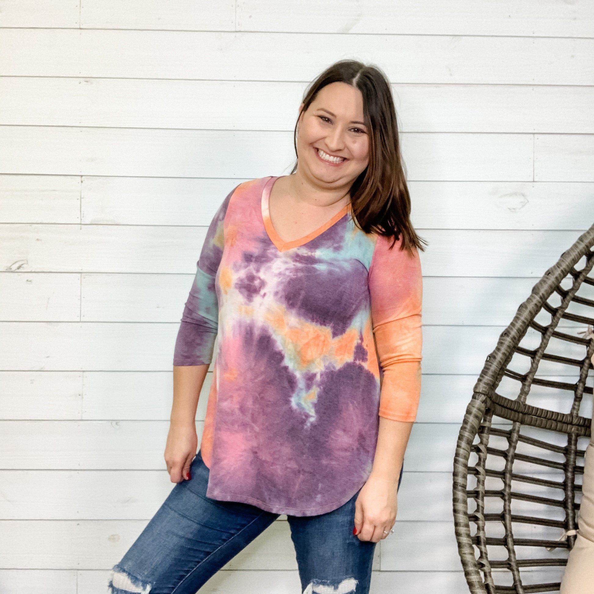 "Melting" 3/4 Sleeve Tie Dye V Neck-Lola Monroe Boutique