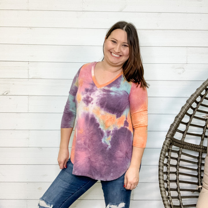 "Melting" 3/4 Sleeve Tie Dye V Neck-Lola Monroe Boutique