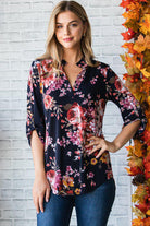 "Milena" Floral Lizzy 3/4 Sleeve Split Neck-Lola Monroe Boutique