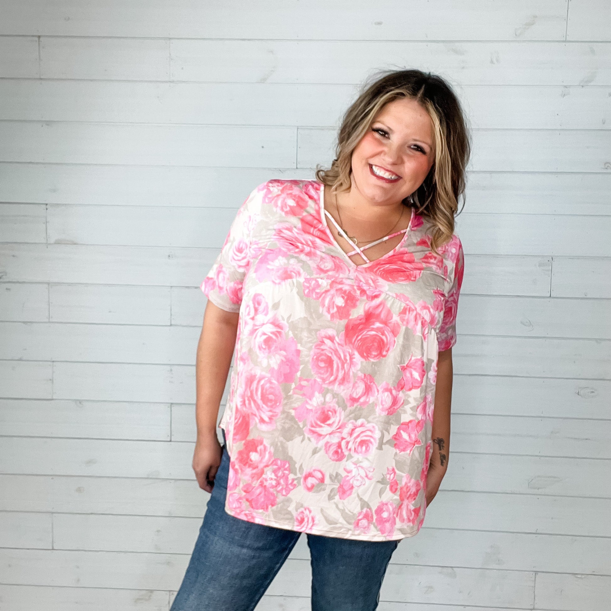 "Mindful" Floral V Neck with Criss Cross Baby Doll