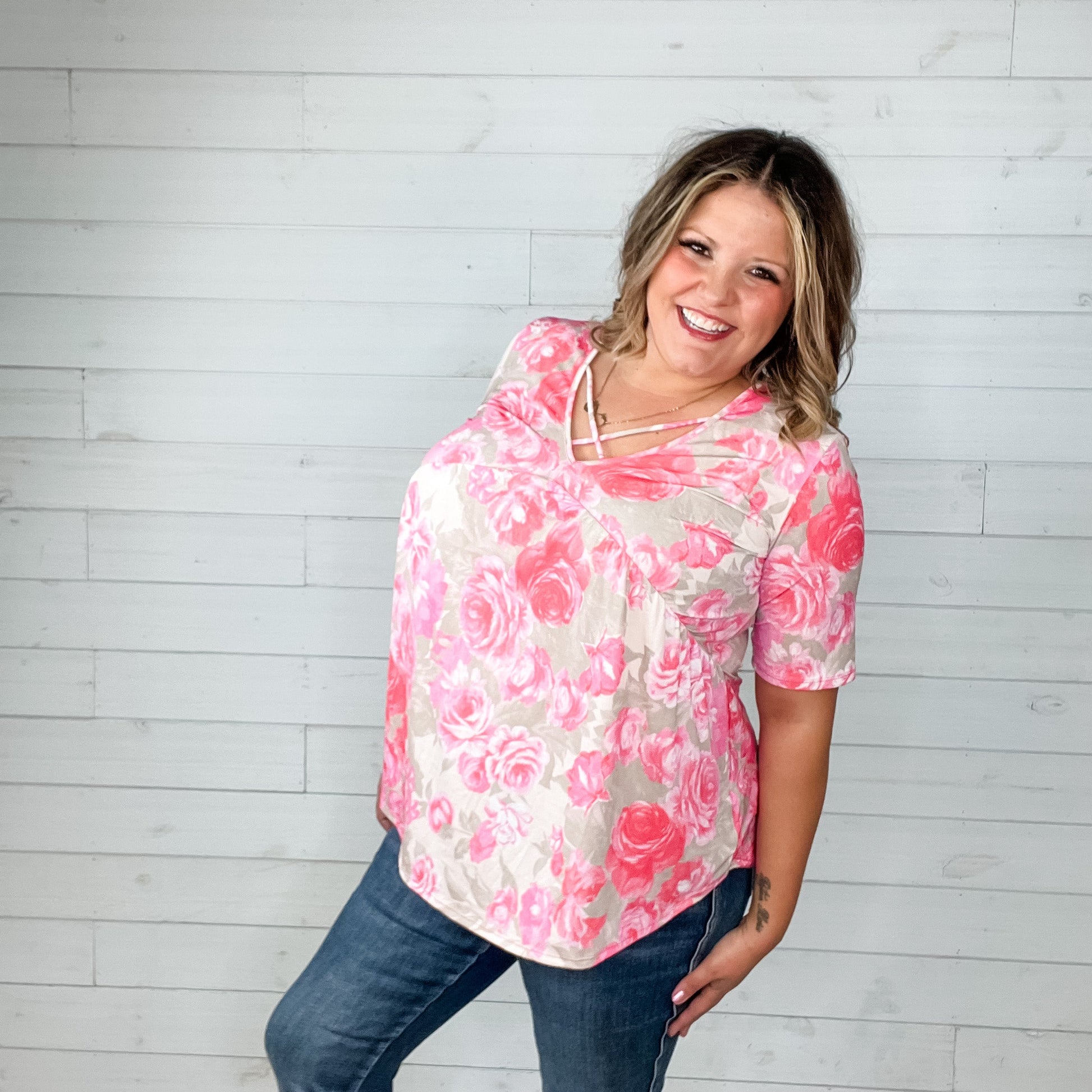 "Mindful" Floral V Neck with Criss Cross Baby Doll