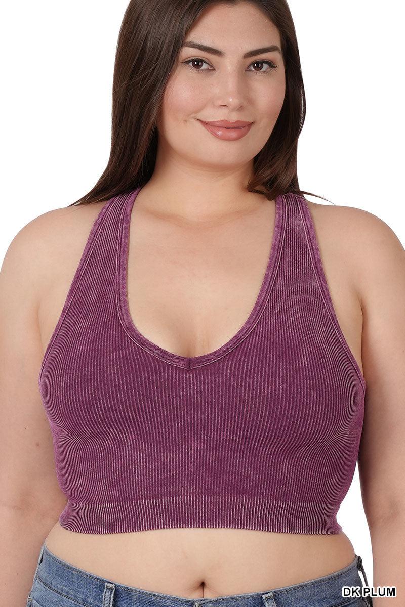 Mineral Wash Ribbed Cropped Racerback Bralette Tank (Multiple Colors)-Lola Monroe Boutique