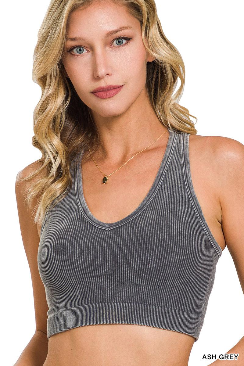 Mineral Wash Ribbed Cropped Racerback Bralette Tank (Multiple Colors)-Lola Monroe Boutique