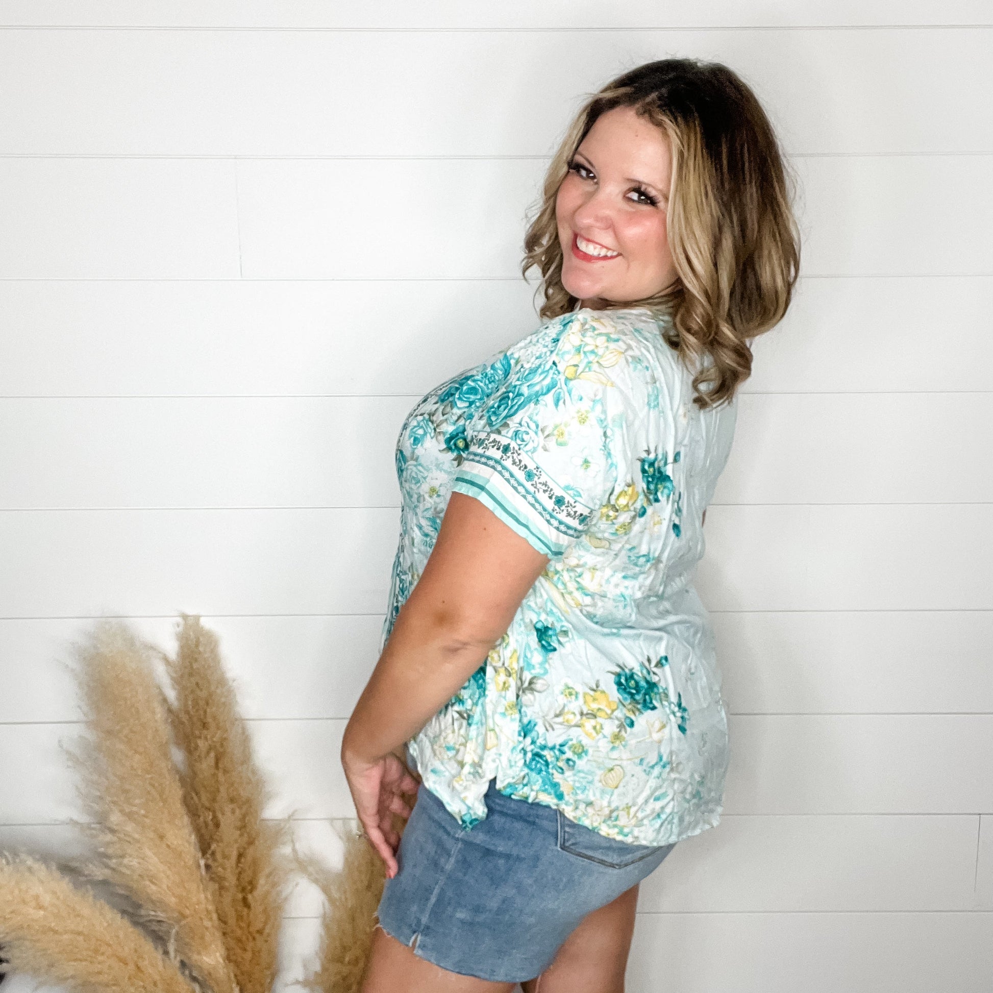 "Miriam" Floral Boxy Short Sleeve Hi Low U Neck