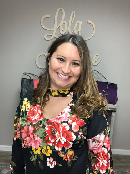 Mock Neck V Cutout Floral Long Sleeve
