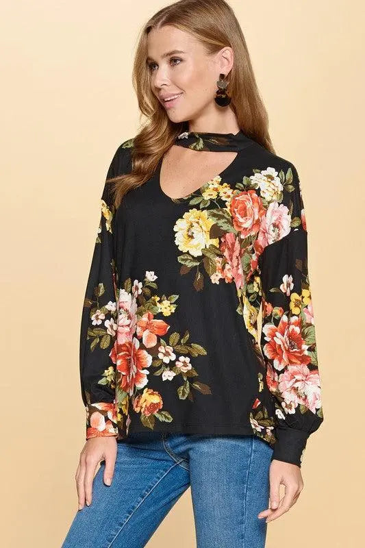 Mock Neck V Cutout Floral Long Sleeve