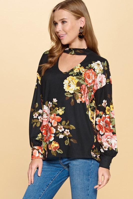 Mock Neck V Cutout Floral Long Sleeve-Lola Monroe Boutique