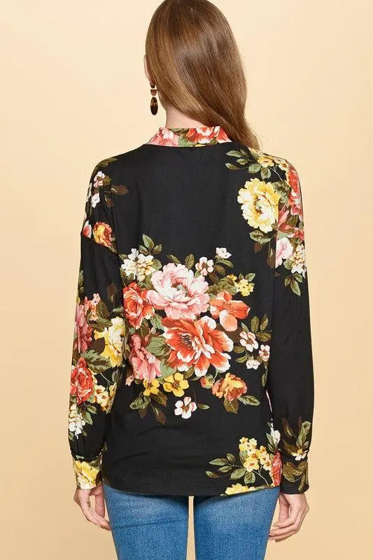 Mock Neck V Cutout Floral Long Sleeve