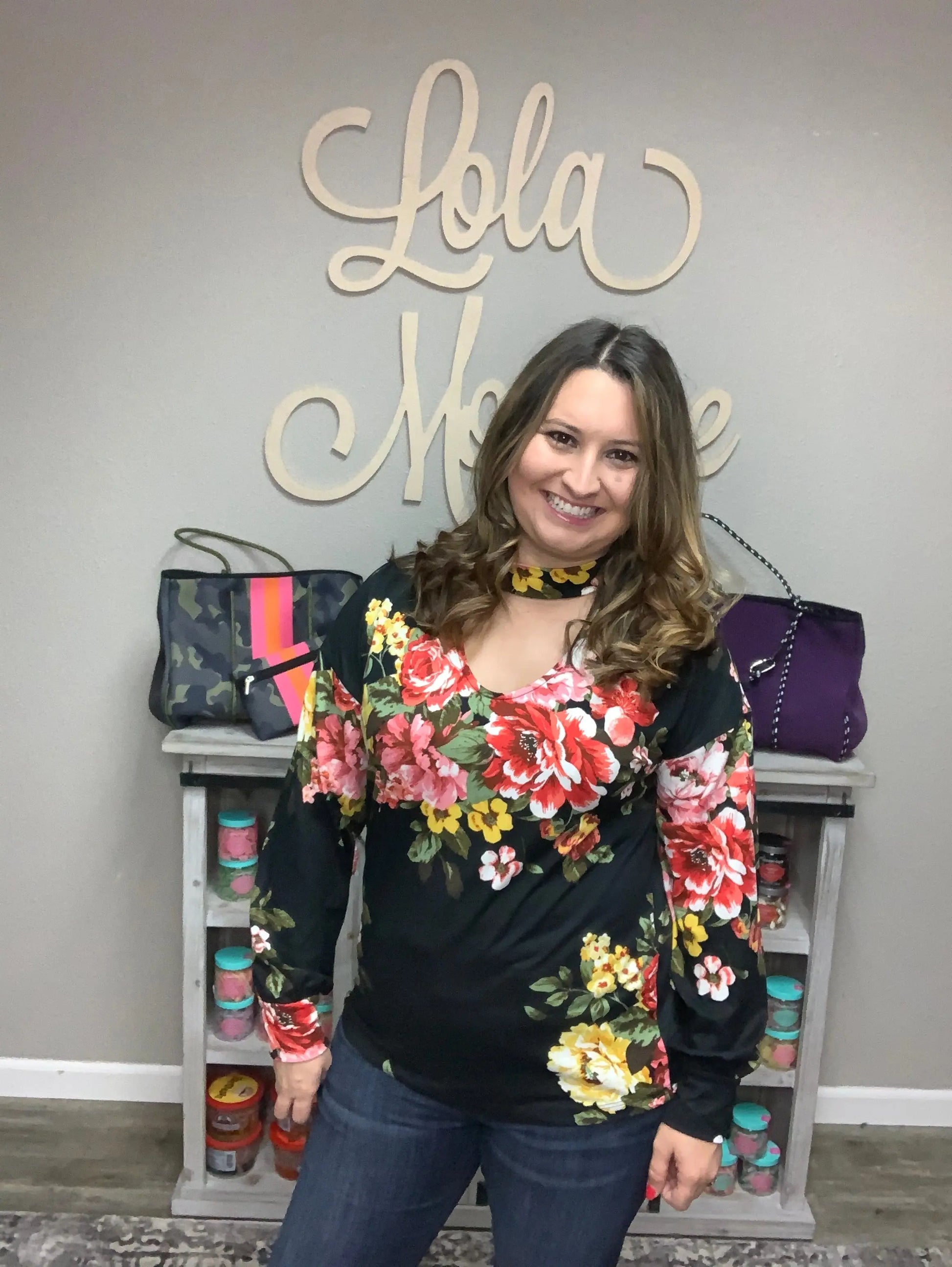 Mock Neck V Cutout Floral Long Sleeve