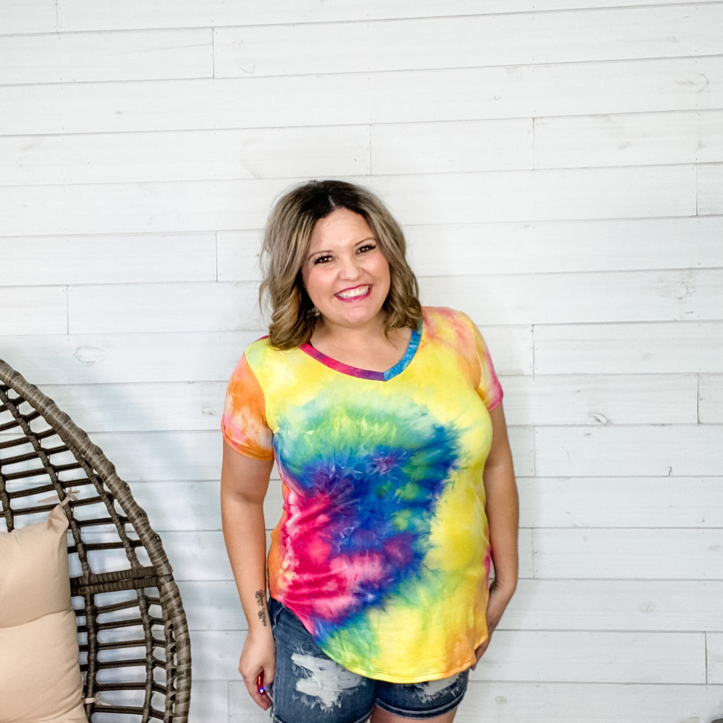 "Moonstone" Short Sleeve Tie Dye V Neck-Lola Monroe Boutique