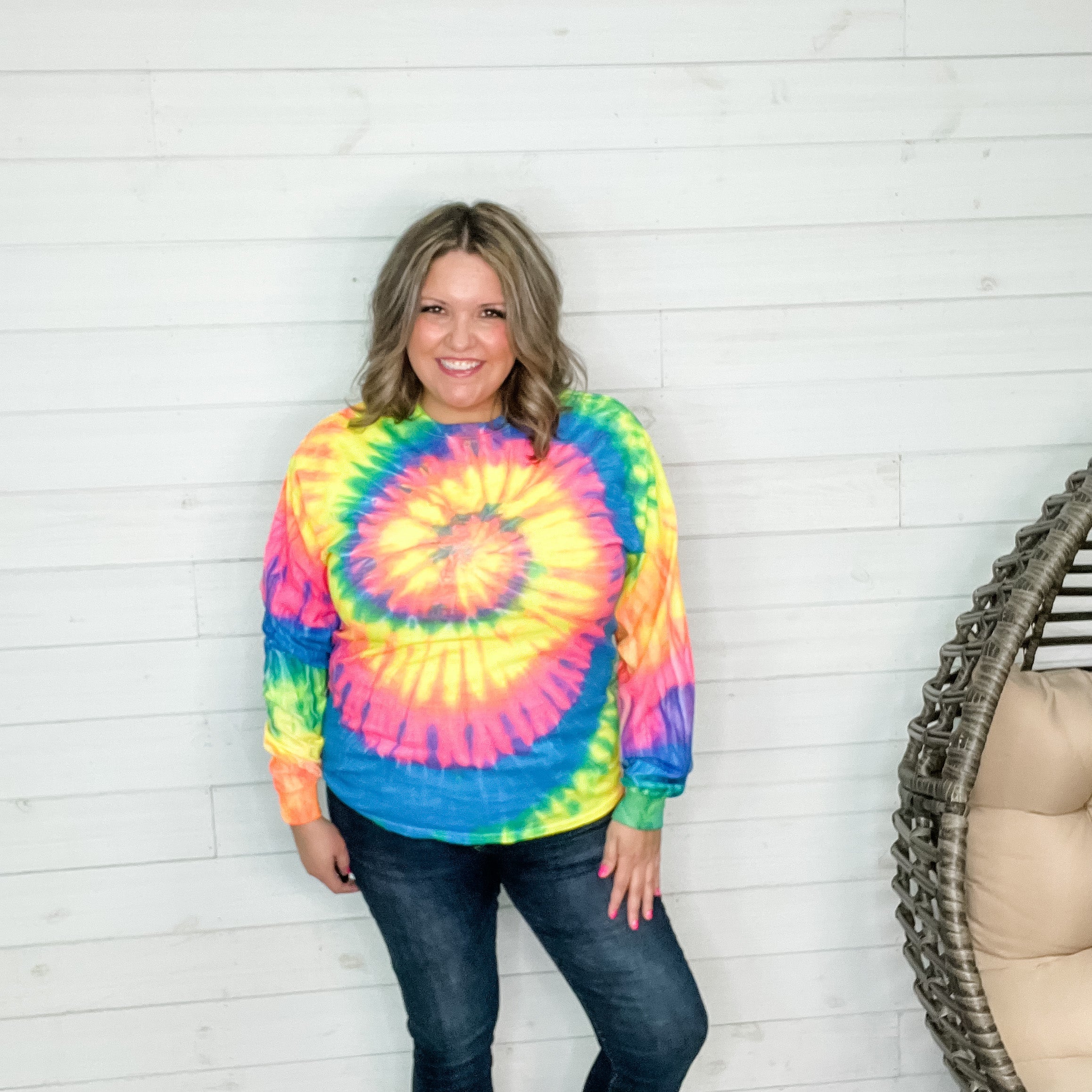 Neon Rainbow Spiral Tie Dye Long Sleeve Tee-Lola Monroe Boutique