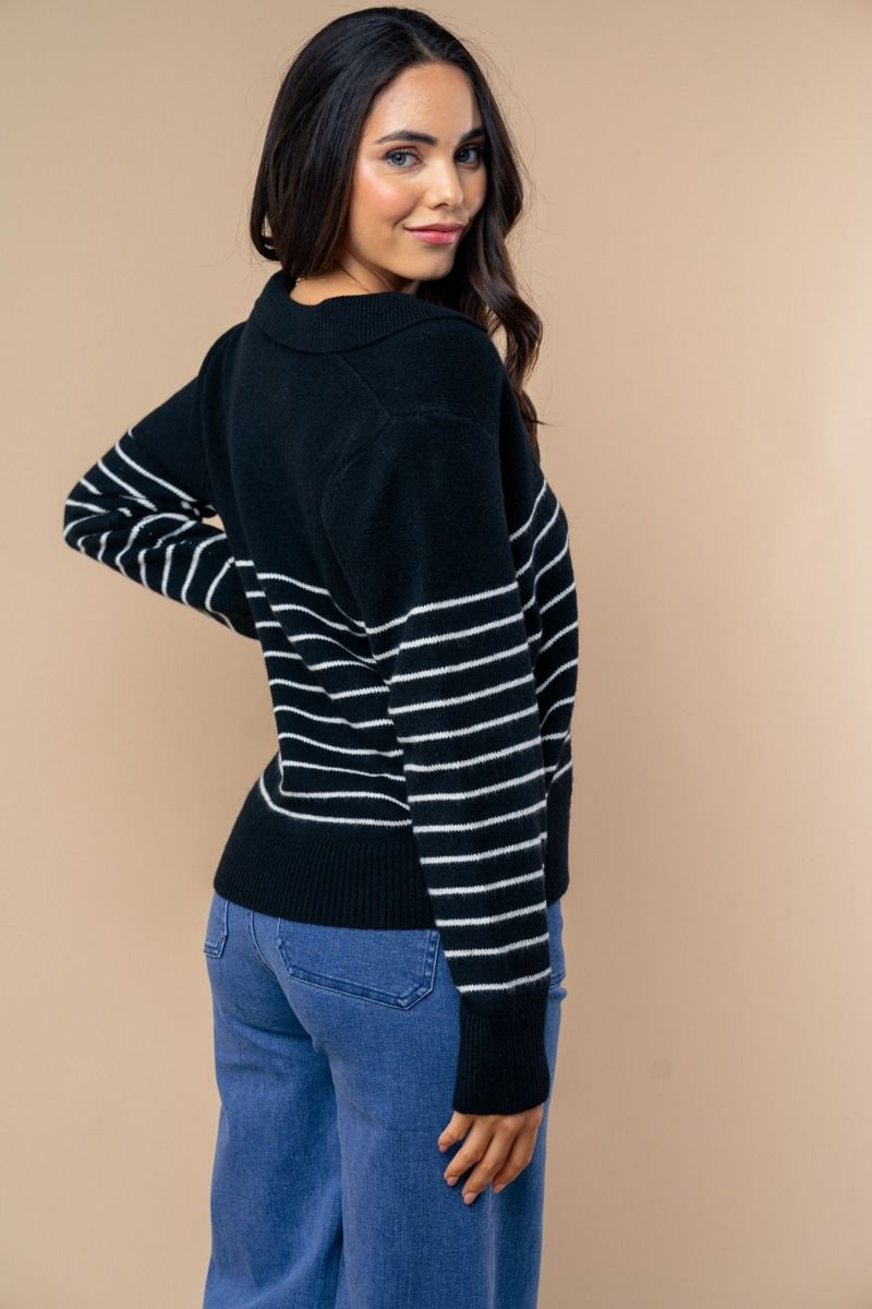 "Newsworthy" Long Sleeve Split Neck Sweater (Black)-Lola Monroe Boutique