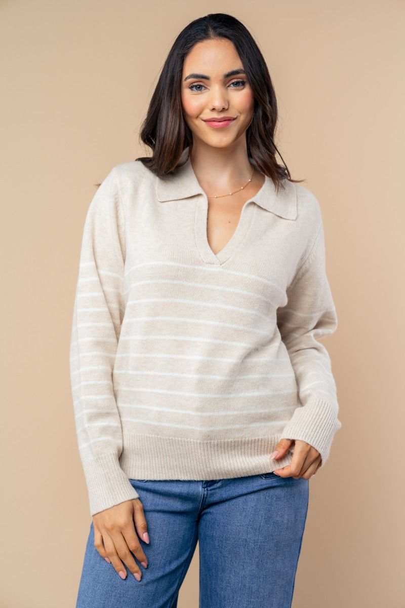 "Newsworthy" Long Sleeve Split Neck Sweater (Oatmeal)-Lola Monroe Boutique