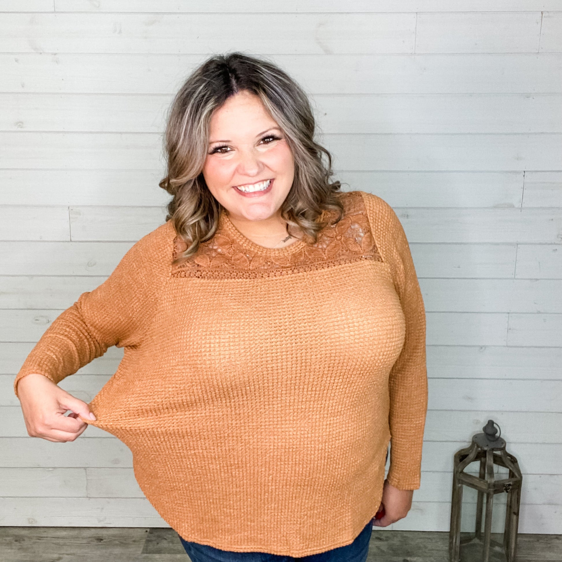 "Nissa" Long Sleeve Waffle Texture with Lace Detail Top