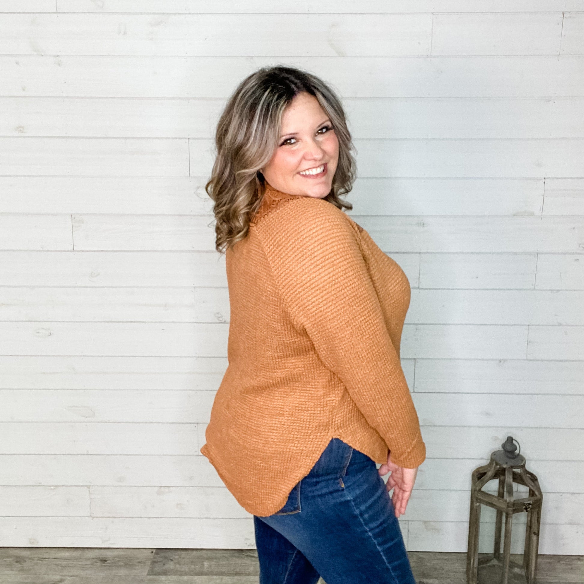 "Nissa" Long Sleeve Waffle Texture with Lace Detail Top