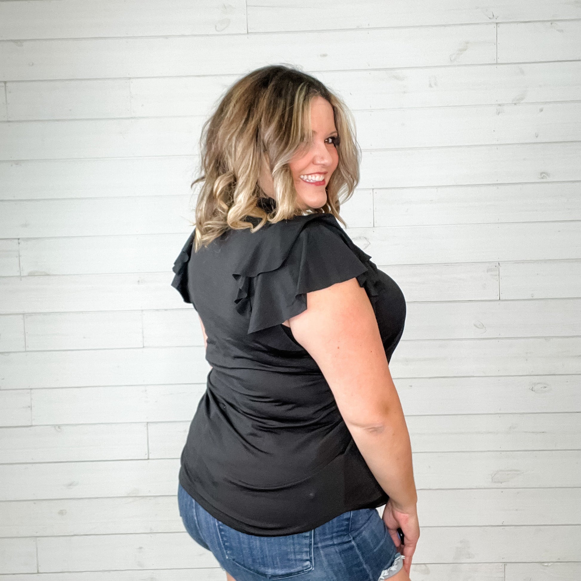 "No Doubt" Double Ruffle Cap Sleeve and Collar Split Neck (Black)