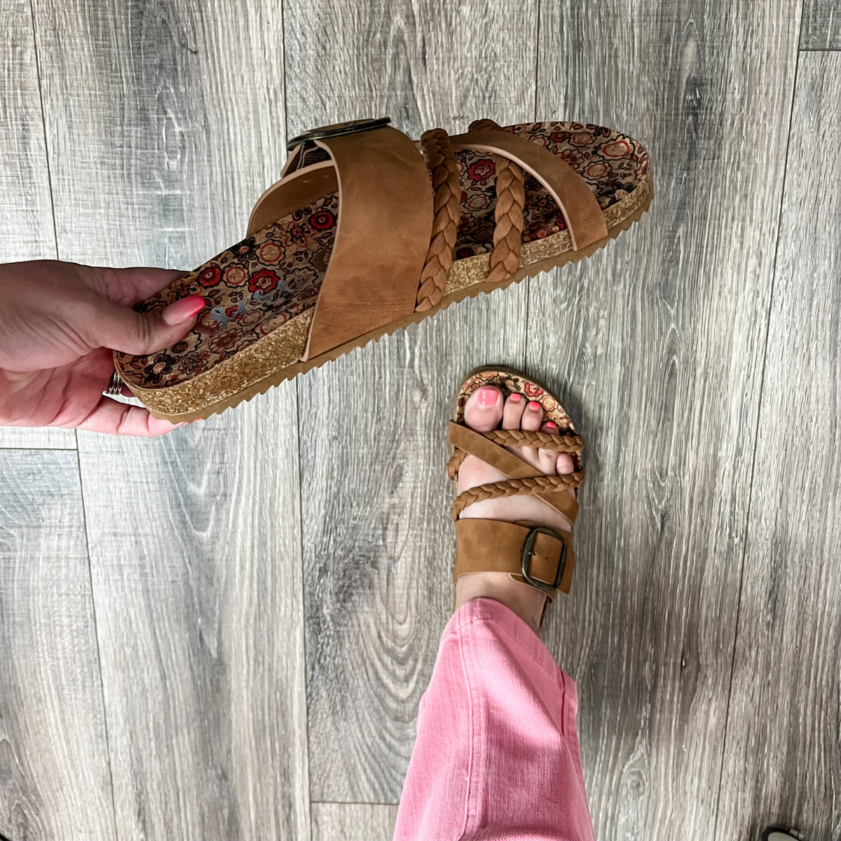 "Nora 2" Cork Bottom Sandal with Buckle and Braid Detail By Very G (Tan)-Lola Monroe Boutique