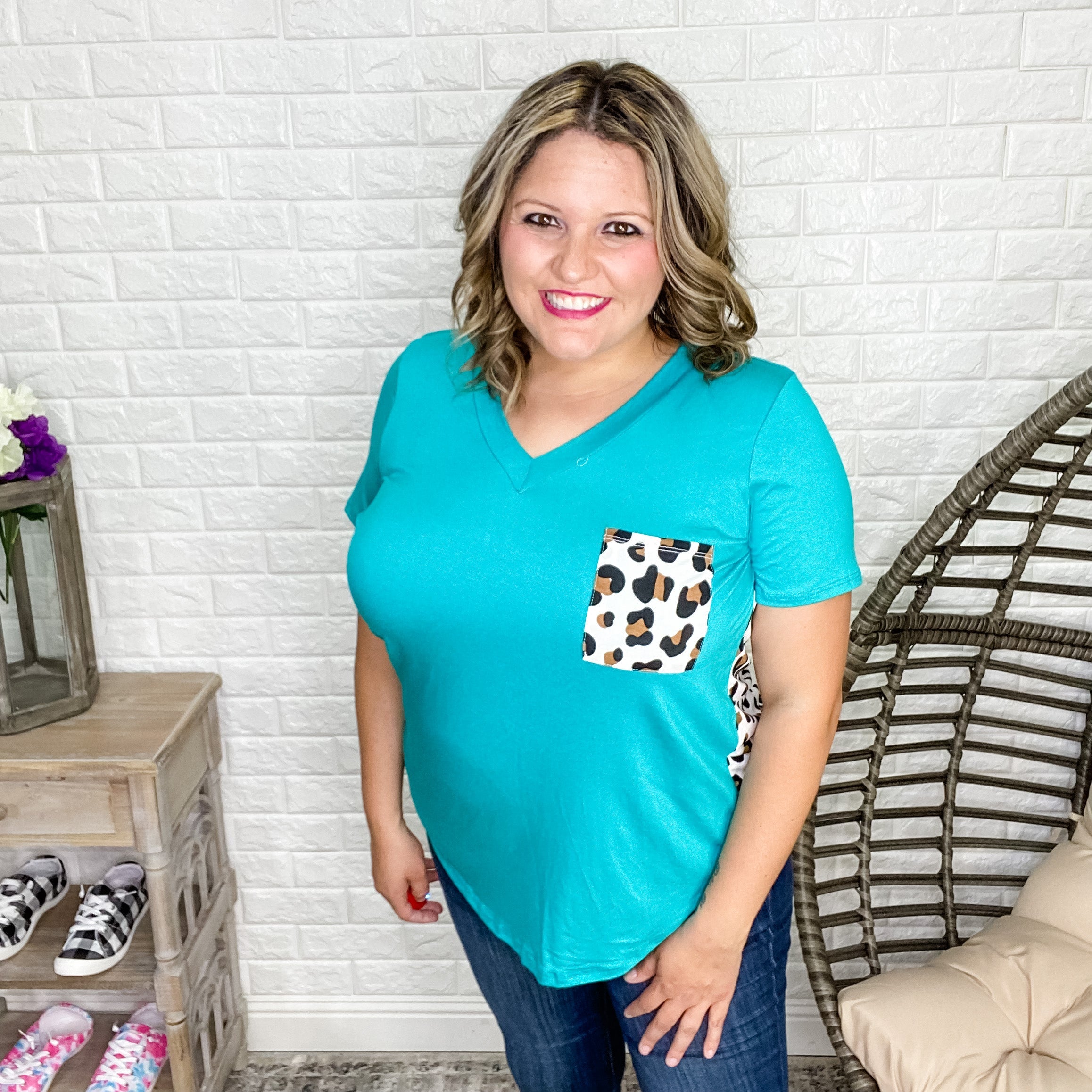 "Nora" Animal Accent V-Neck Pocket Tee (Teal)-Lola Monroe Boutique