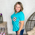 "Nora" Animal Accent V-Neck Pocket Tee (Teal)-Lola Monroe Boutique