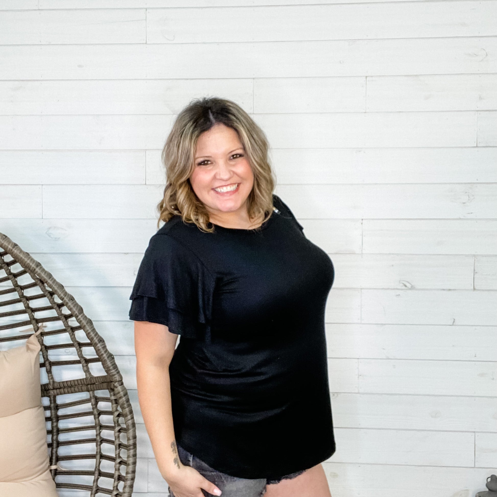 "Novalie" Ruffle Sleeve Round Neck (Black)