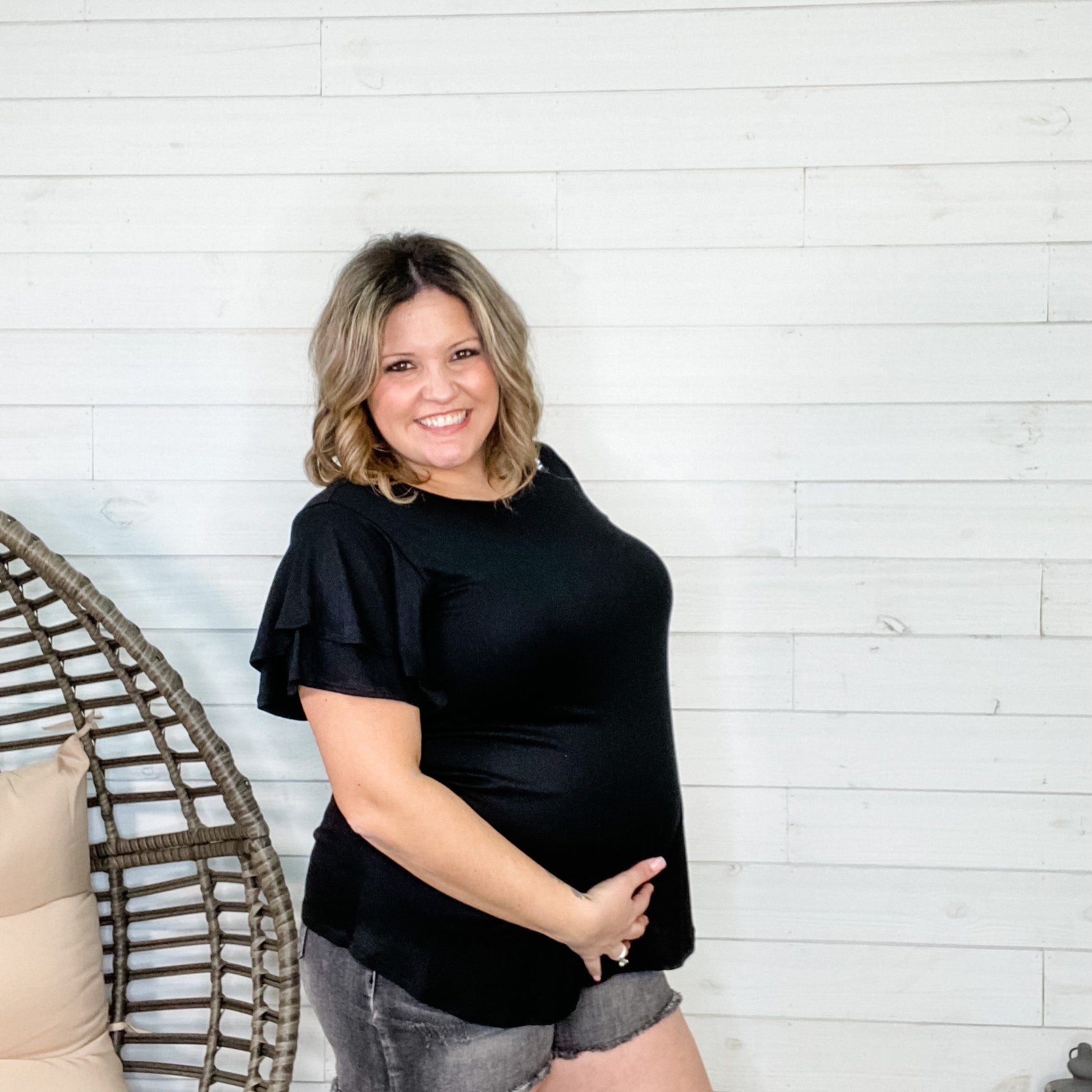 "Novalie" Ruffle Sleeve Round Neck (Black)