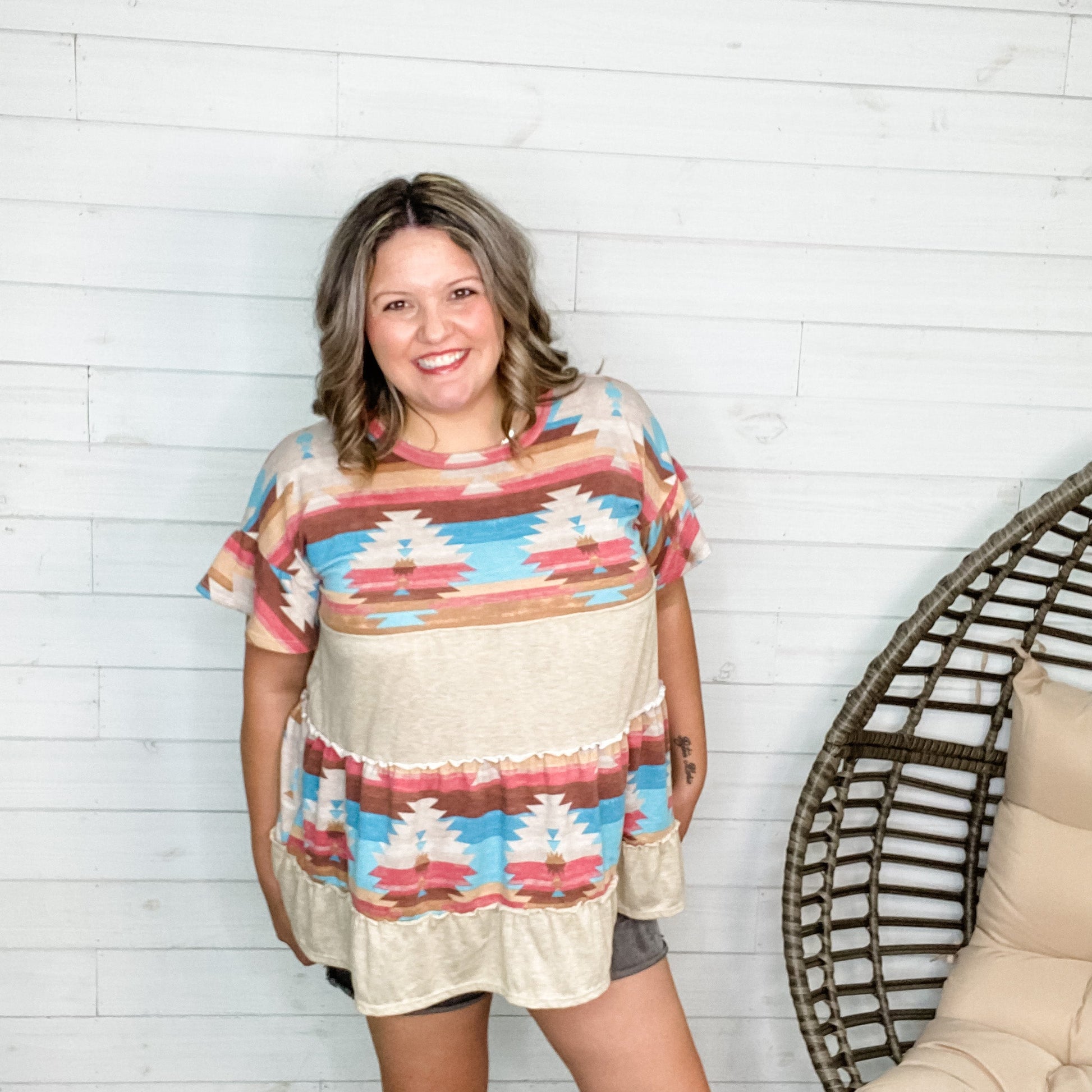 "Oasis" Short Ruffle Sleeve Aztec Babydoll
