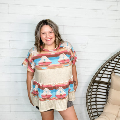 "Oasis" Short Ruffle Sleeve Aztec Babydoll