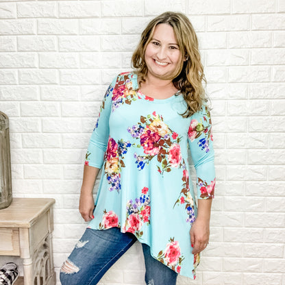 "Ocean Breeze" 3/4 Sleeve Floral Shark Bite Hem Top