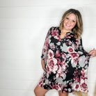 "Oh It's Different" Floral Lizzy 3/4 Sleeve Split Neck Tunic with Pockets-Lola Monroe Boutique