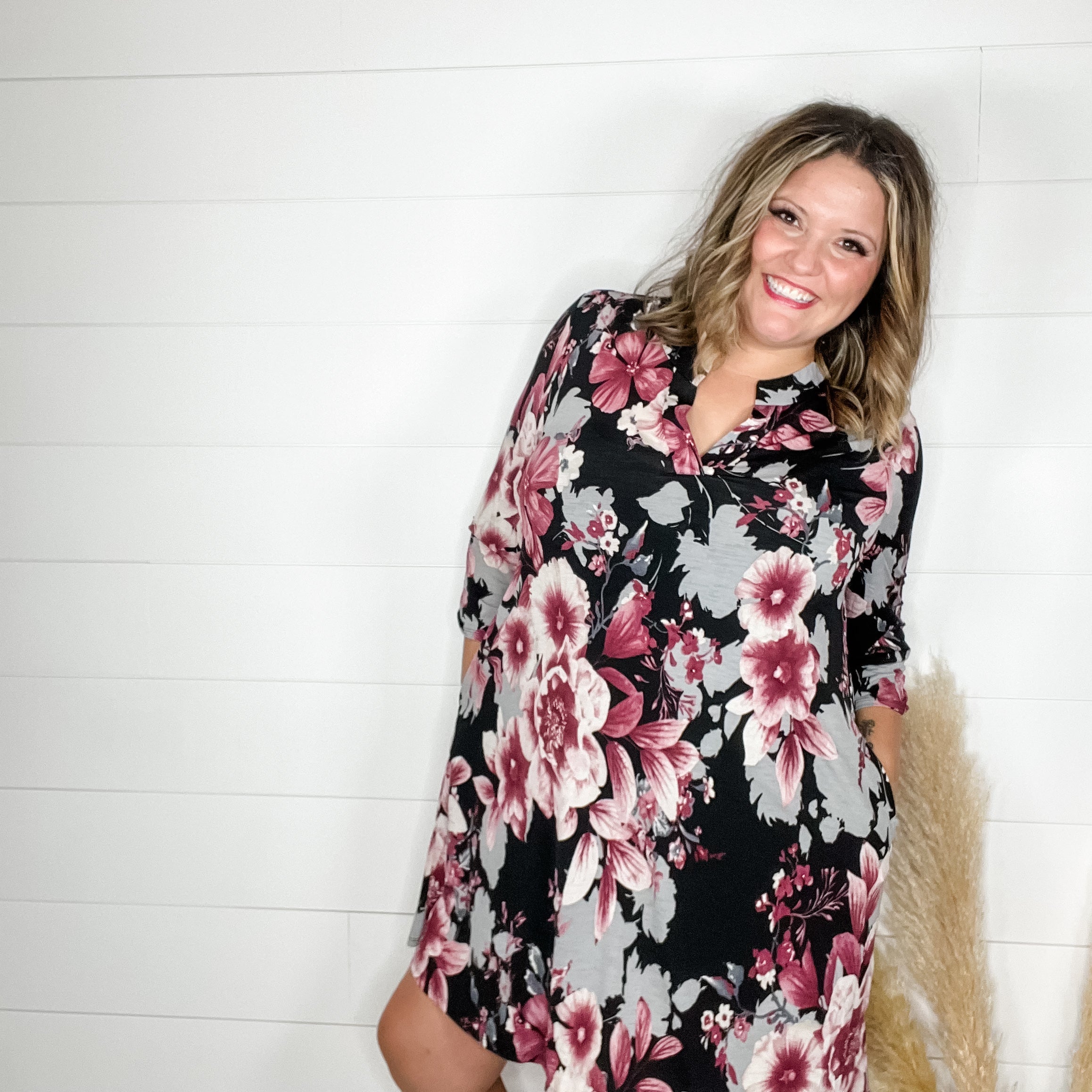 "Oh It's Different" Floral Lizzy 3/4 Sleeve Split Neck Tunic with Pockets-Lola Monroe Boutique