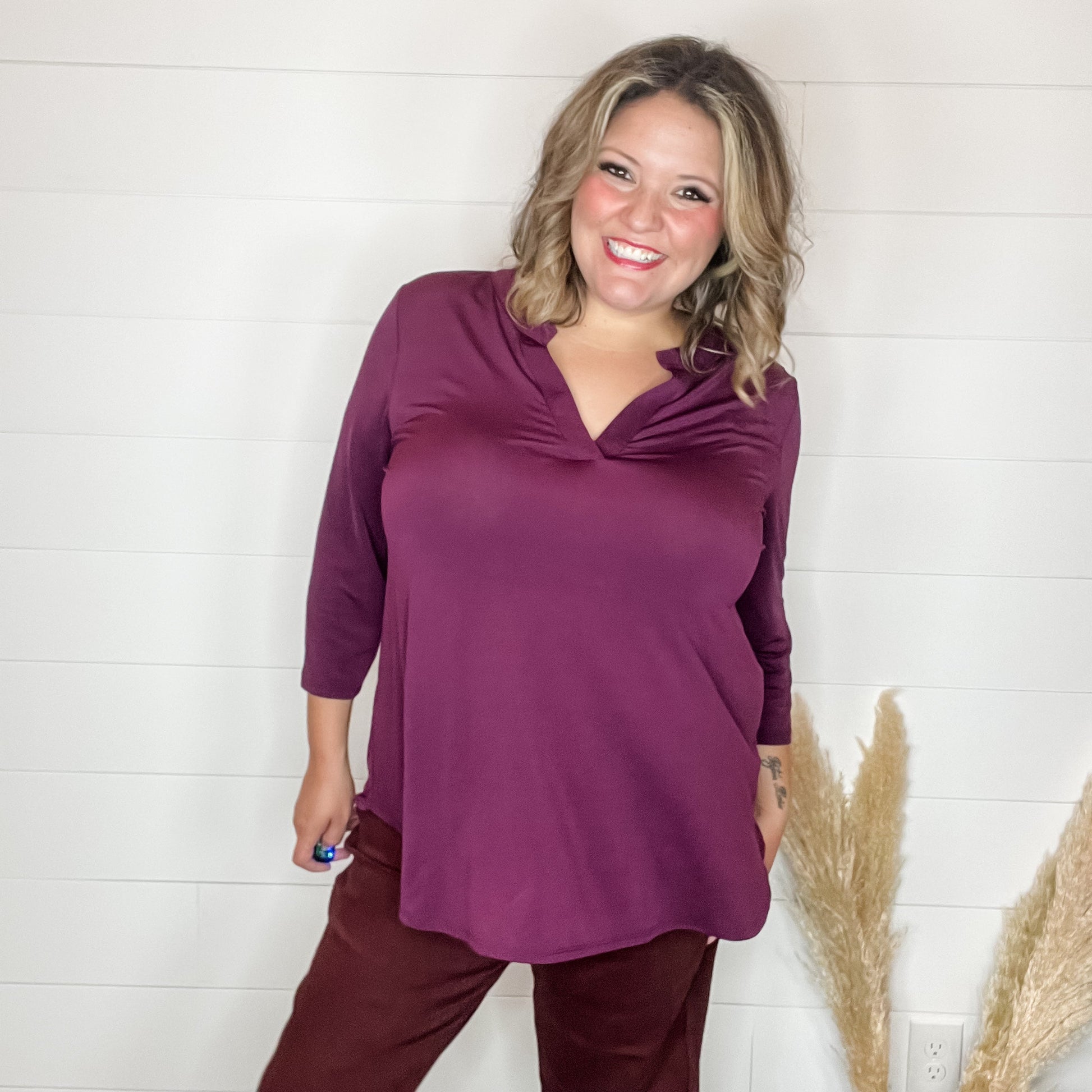 "Oh We Did" 3/4 Sleeve Split Neck (Dark Burgundy)