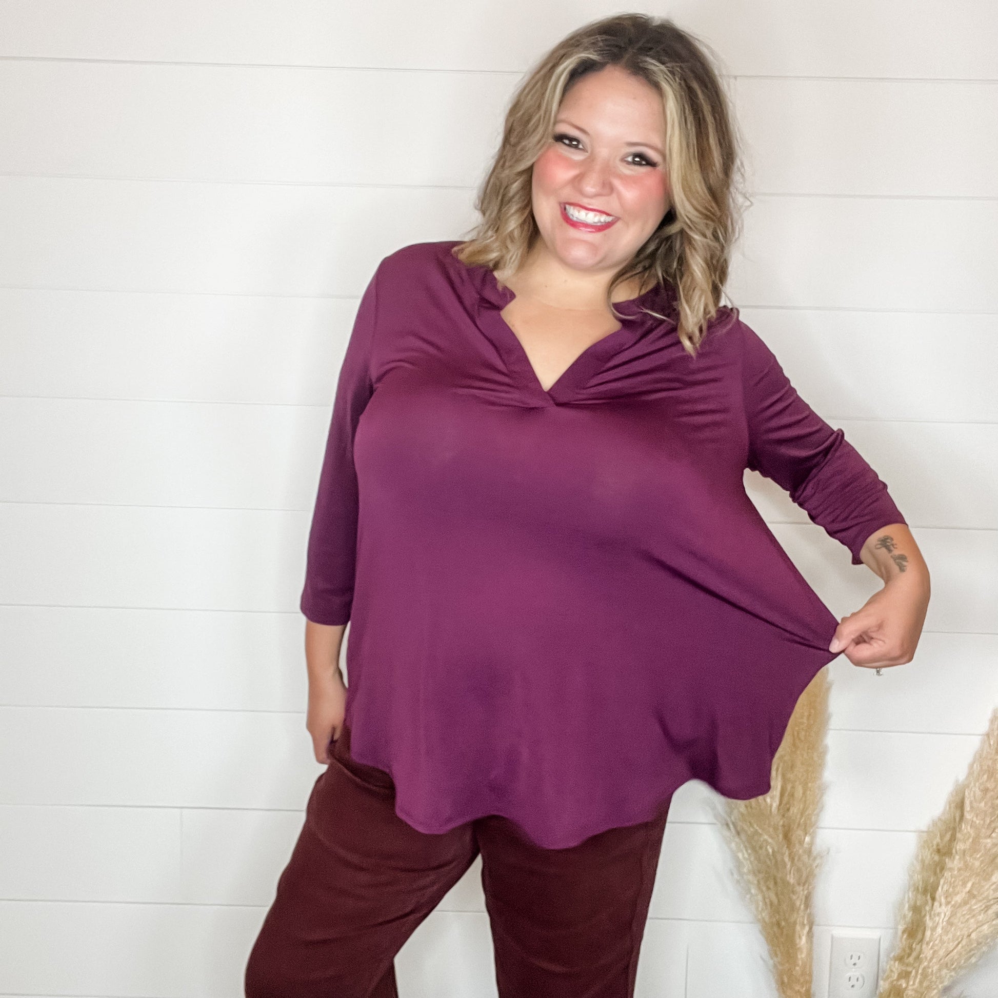 "Oh We Did" 3/4 Sleeve Split Neck (Dark Burgundy)