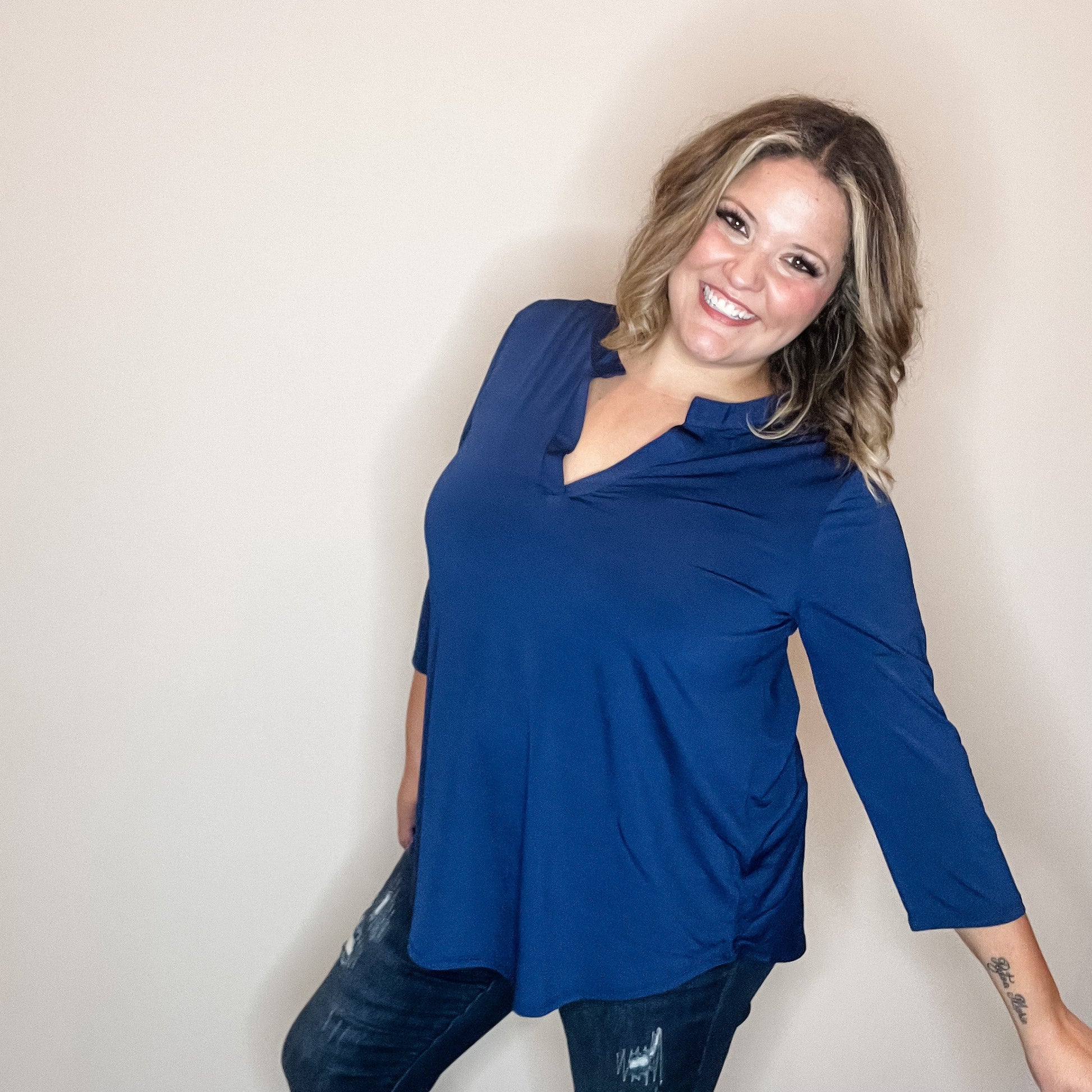 "Oh We Did" 3/4 Sleeve Split Neck (Navy)
