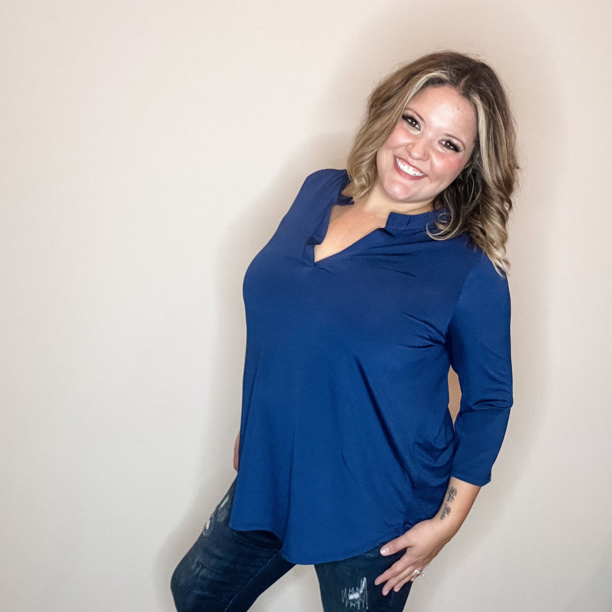 "Oh We Did" 3/4 Sleeve Split Neck (Navy)