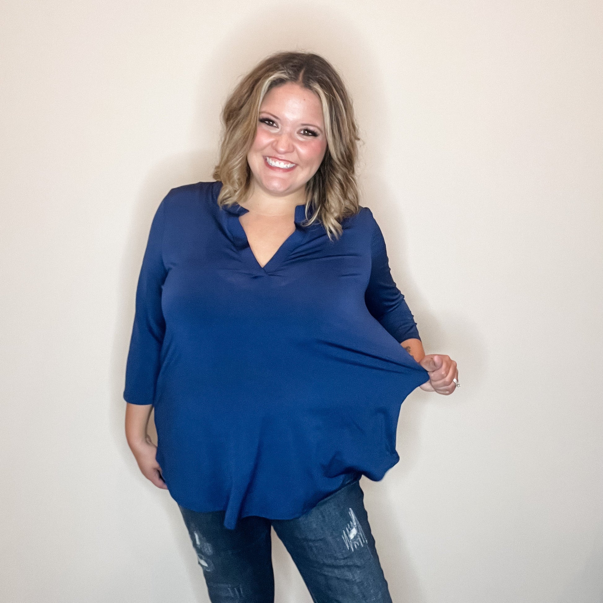 "Oh We Did" 3/4 Sleeve Split Neck (Navy)