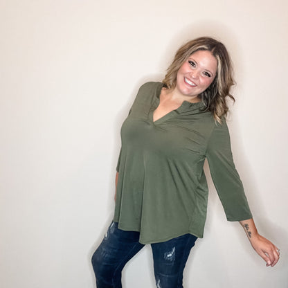"Oh We Did" 3/4 Sleeve Split Neck (Olive)