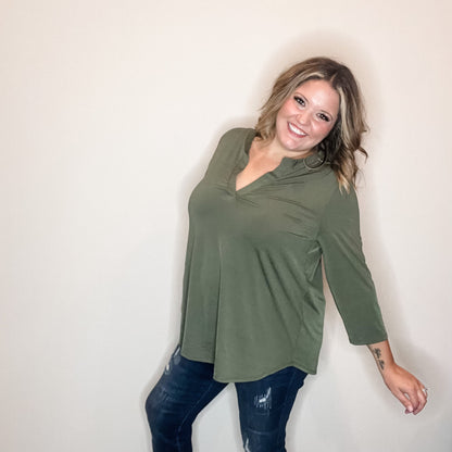 "Oh We Did" 3/4 Sleeve Split Neck (Olive)