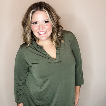 "Oh We Did" 3/4 Sleeve Split Neck (Olive)