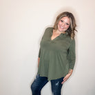 "Oh We Did" 3/4 Sleeve Split Neck (Olive)-Lola Monroe Boutique