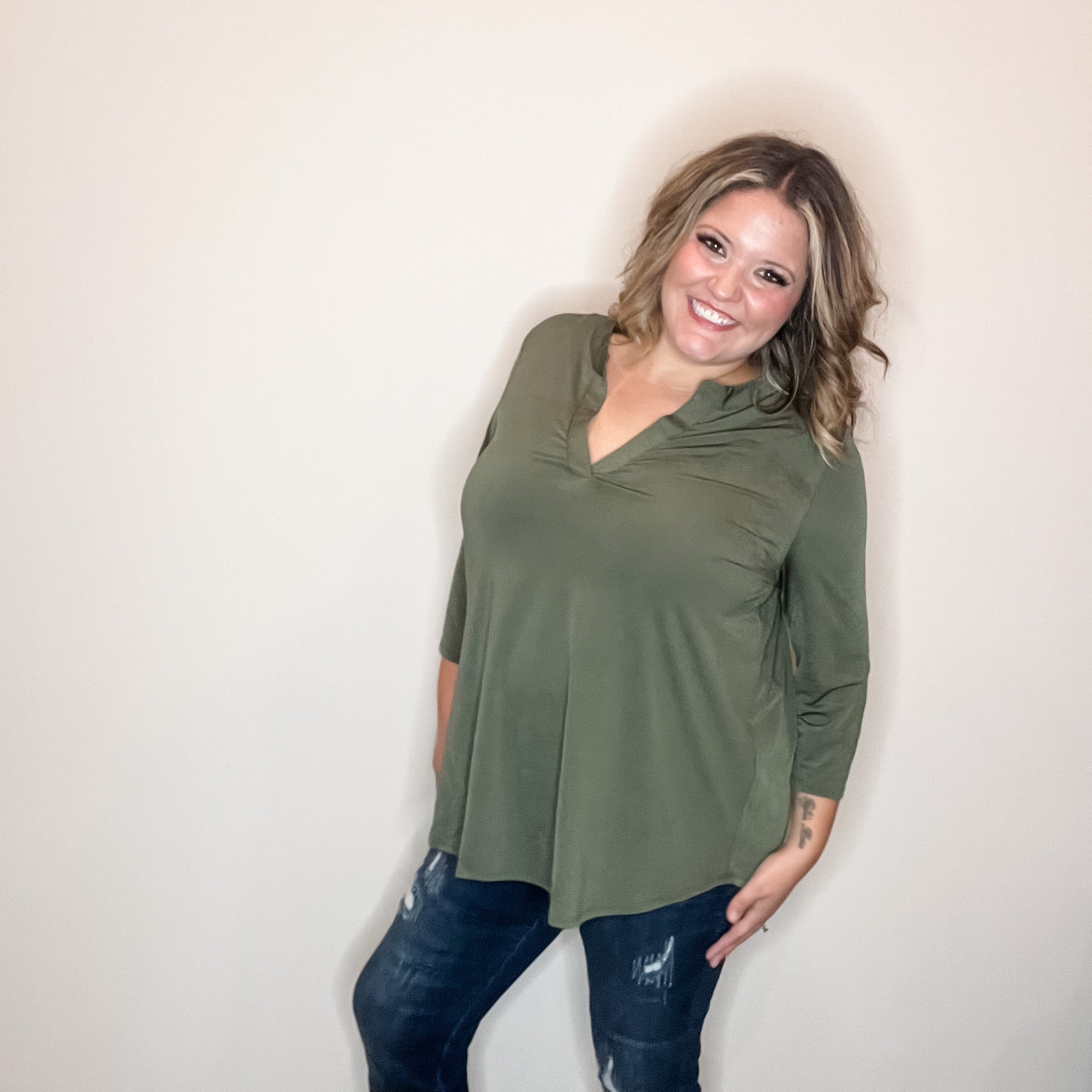 "Oh We Did" 3/4 Sleeve Split Neck (Olive)-Lola Monroe Boutique