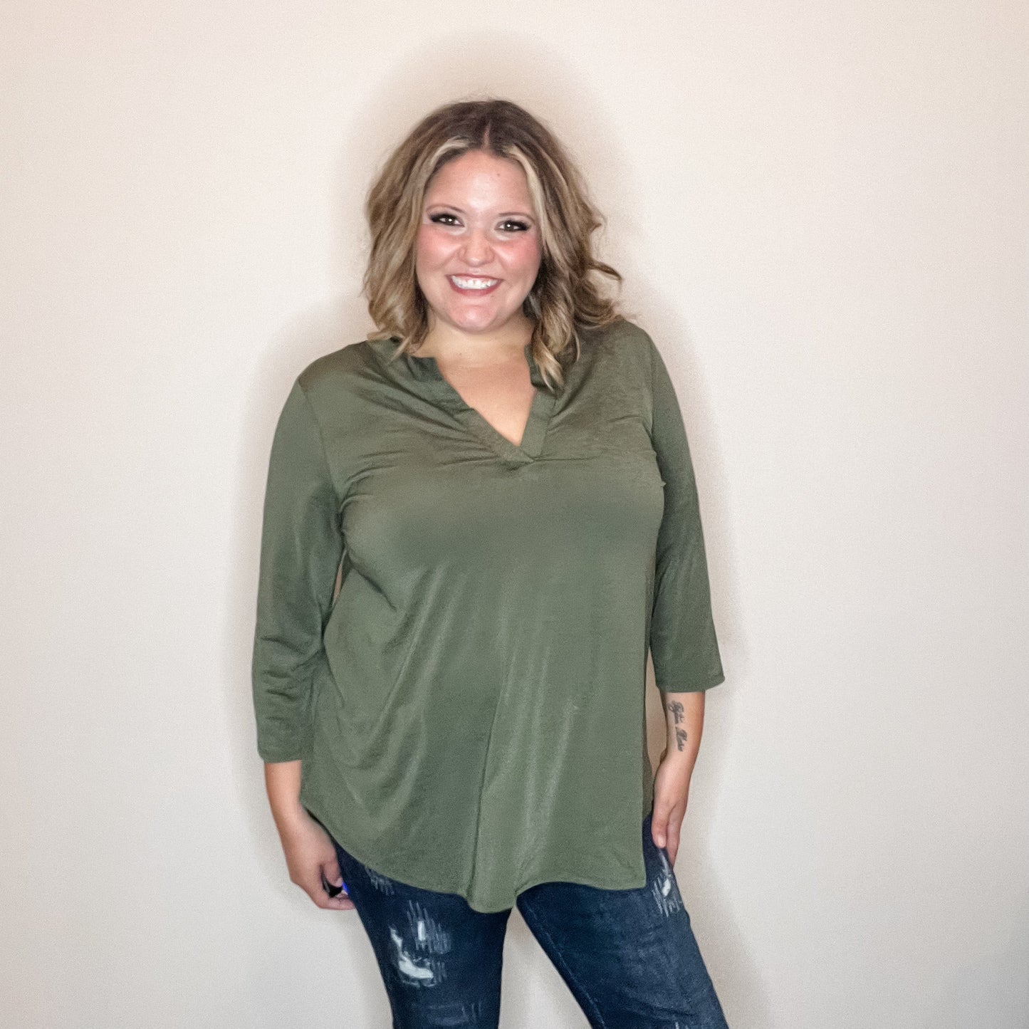 "Oh We Did" 3/4 Sleeve Split Neck (Olive)