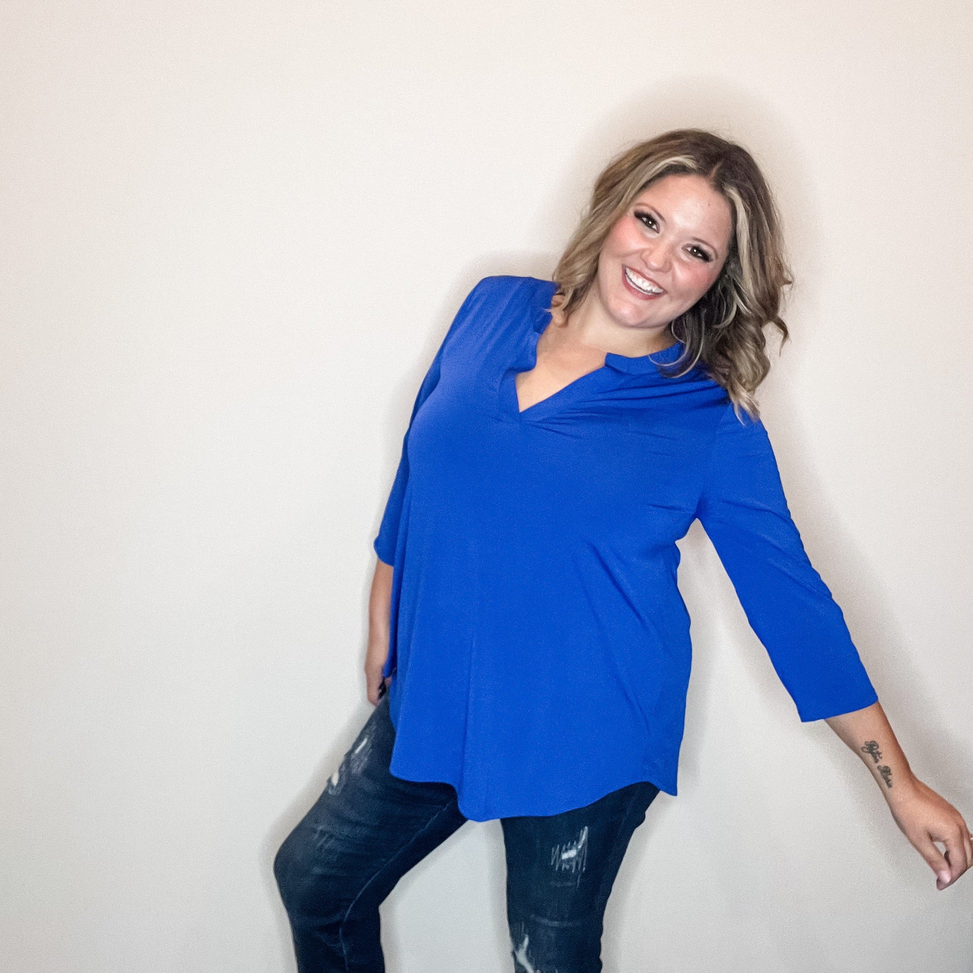 "Oh We Did" 3/4 Sleeve Split Neck (Royal Blue)