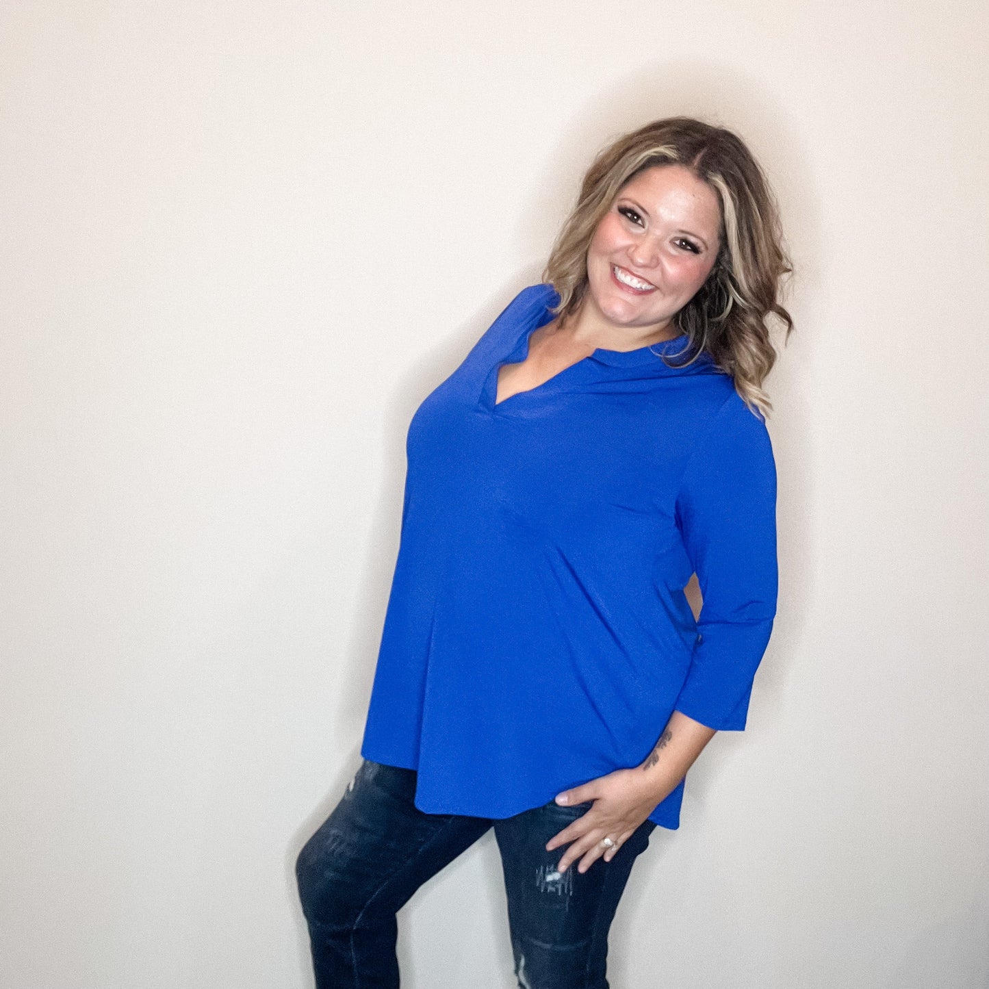 "Oh We Did" 3/4 Sleeve Split Neck (Royal Blue)